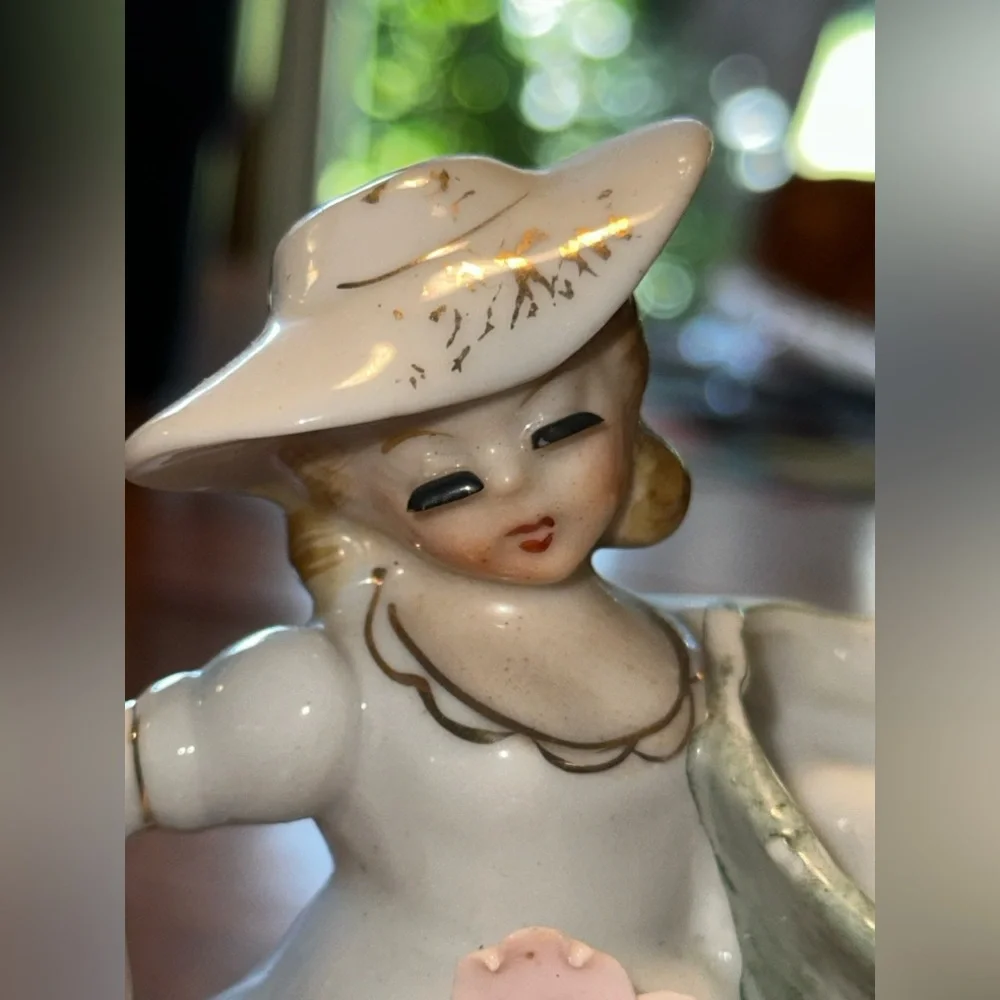 Vintage Porcelain Bud Vase Lady in Dress Eyelashes Pink Flowers Raised Relief